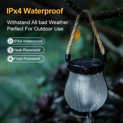Solar Flame Lamp Rechargeable Hanging Courtyard Decoration Garden Lantern Lighting Lamp with Hemp Rope Outdoor Camping Lamp